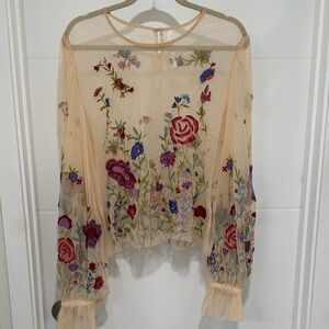 Anthropologie Embroidered Sheer Blouse in Nude with Floral Details
